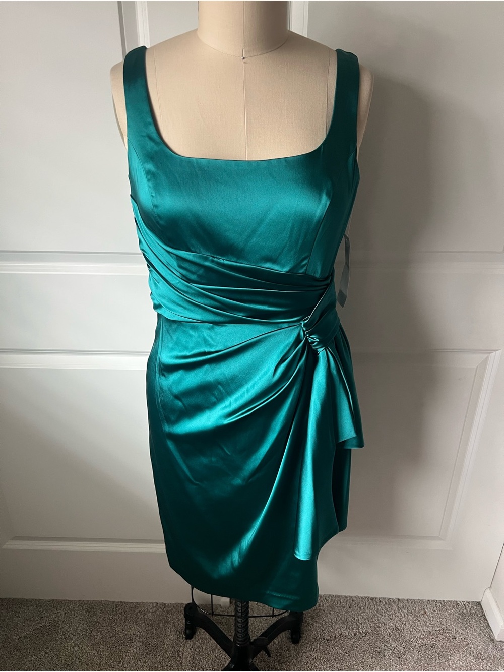 Maggy London Teal Satin Draped Midi Dress - Picture 2 of 15